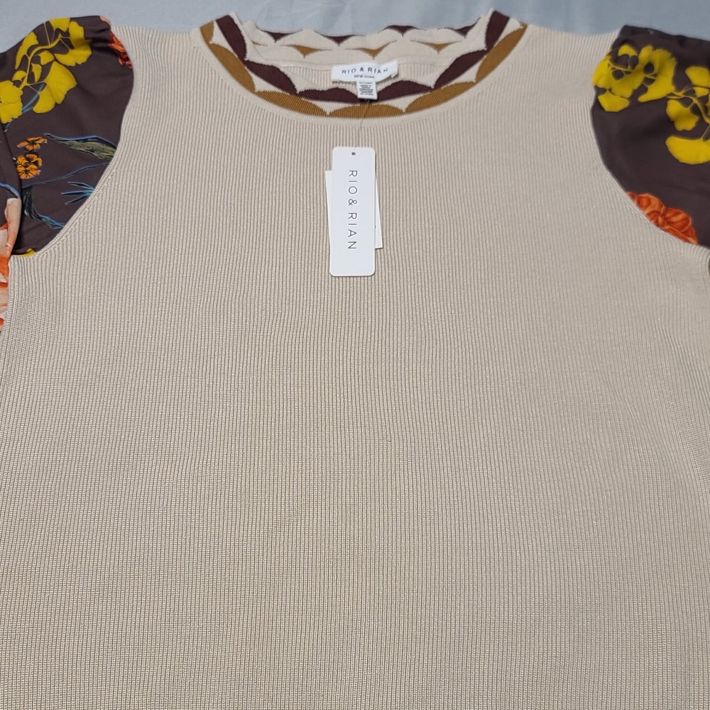 Rio & Rian Mixed Media Sweater Womens XL Beige Floral Balloon Sleeve Scallop New